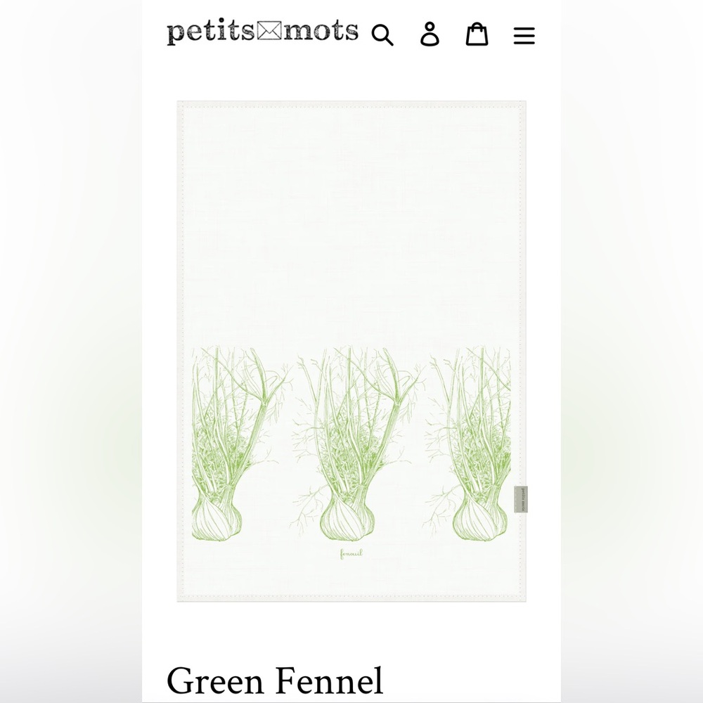 NIB Petits Mots Tea Towel (Green Fennel) Made in Canada